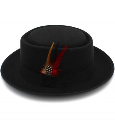 Fedoras Fashion Men Pork Pie Hat Wool Flat Fedora Hat Gentleman Panama Trilby Hat with Fashion Feather - Coffee - CC18NOMHZO0...
