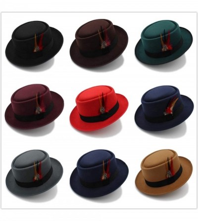Fedoras Fashion Men Pork Pie Hat Wool Flat Fedora Hat Gentleman Panama Trilby Hat with Fashion Feather - Coffee - CC18NOMHZO0...