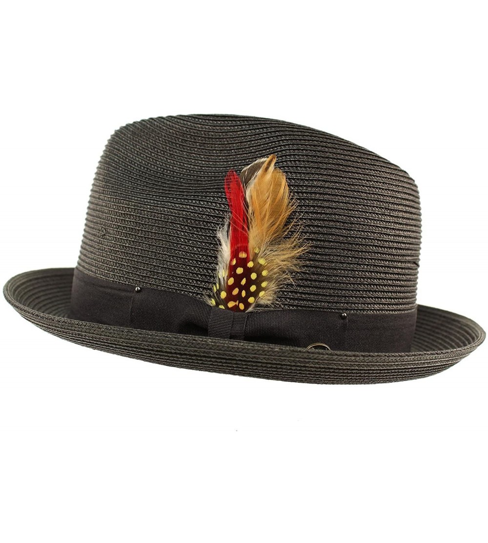 Fedoras Men's Light Removable Feather Derby Fedora Wide Curled Brim Hat - Black - CR17YQ704RH $14.96