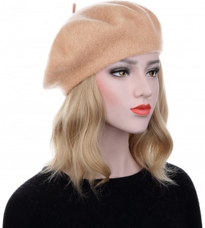 Berets French Style Classic Solid Color Wool Berets Beanies Cap Hats - Beige - CS1945L8LCQ $11.59