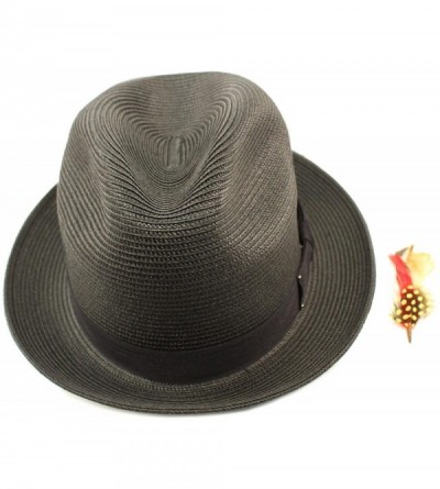 Fedoras Men's Light Removable Feather Derby Fedora Wide Curled Brim Hat - Black - CR17YQ704RH $14.96