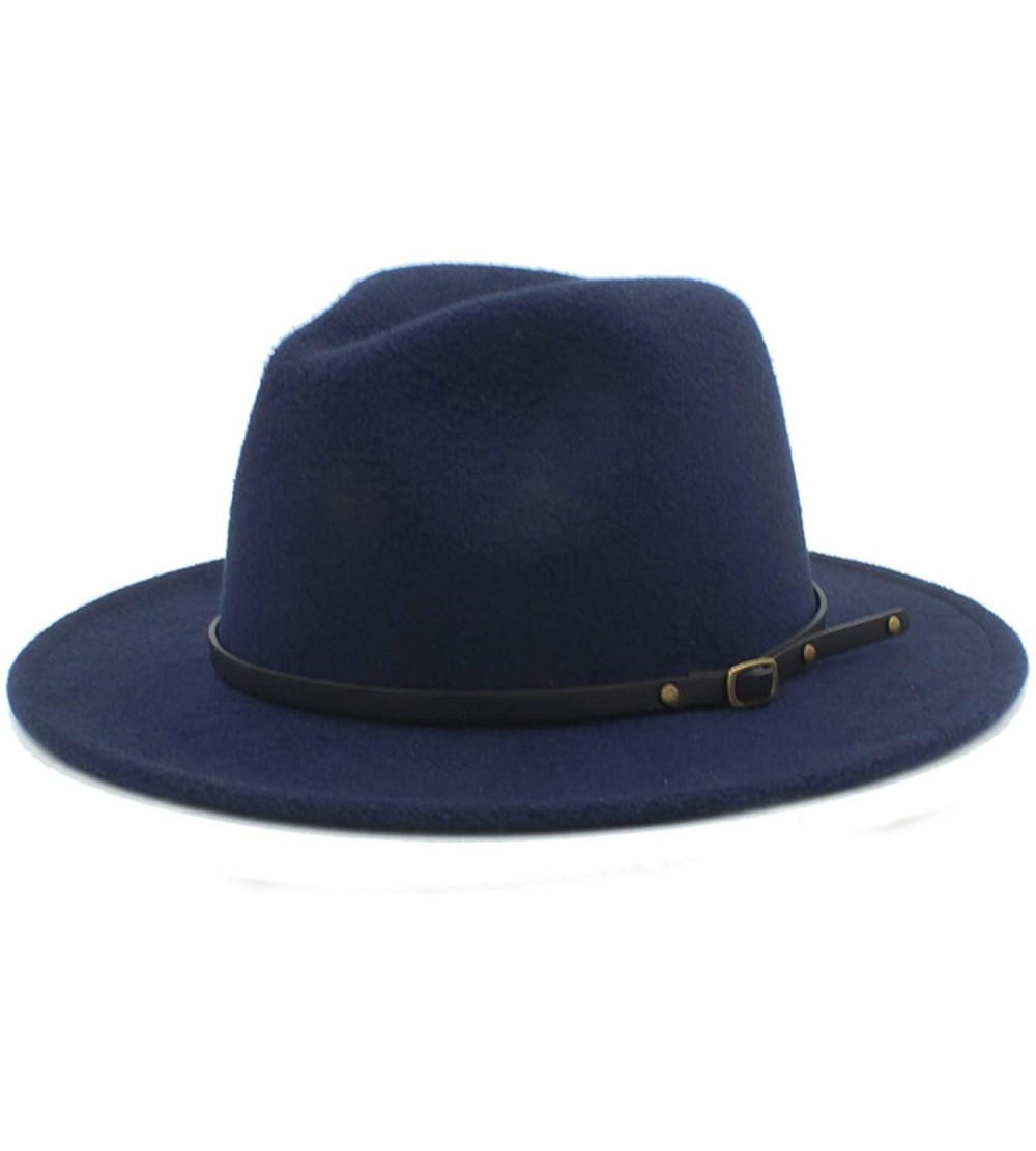 Fedoras 100% Wool Women Men Outback Fedora Hat with Wide Brim Gangster Trilby Felt Jazz Church Godfather Cap - Dark Blue - CR...