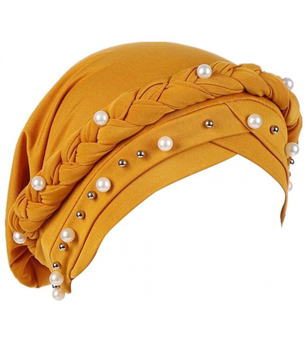 Skullies & Beanies Women Hijab Beading Pearl Braid Turban Hat Head Scarf Cancer Chemo Beanies Bandana Headwrap Cap - Yellow -...