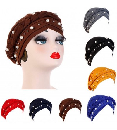 Skullies & Beanies Women Hijab Beading Pearl Braid Turban Hat Head Scarf Cancer Chemo Beanies Bandana Headwrap Cap - Yellow -...