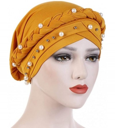 Skullies & Beanies Women Hijab Beading Pearl Braid Turban Hat Head Scarf Cancer Chemo Beanies Bandana Headwrap Cap - Yellow -...