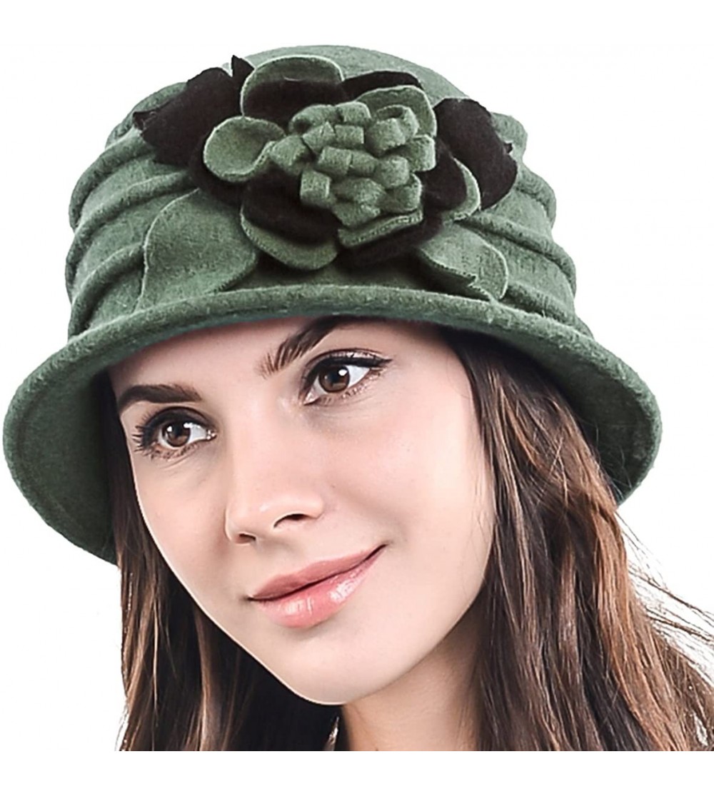 Bucket Hats Women's Elegant Flower Wool Cloche Bucket Ridgy Bowler Hat 09-co20 - Green - C712050JWQT $30.45