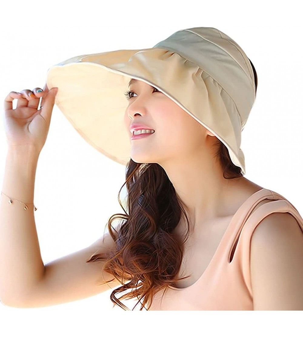 Sun Hats Women's UV Sun Protective Visor Summer Wide Brim Sun Hat Floppy Fold Beach Hat - Beige - CY12DOPKSM9 $23.62