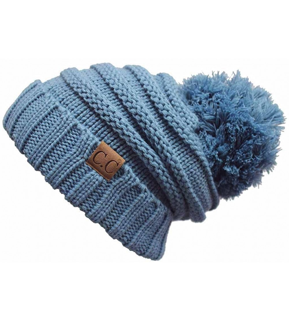 Skullies & Beanies Warm Chunky Soft Oversized Cable Knit Slouchy Beanie with Pom Pom - Denim - CK12KBZO0KL $17.89