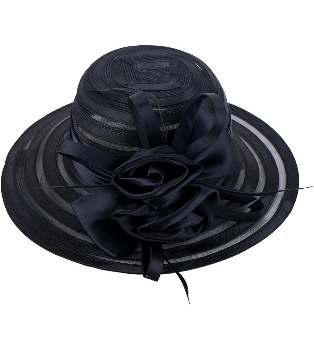 Sun Hats Womens Solid Color Satin Church Wedding Kentucky Derby Sun Hat A214 - Black - C811PU764AT $10.28