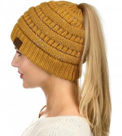 Skullies & Beanies BeanieTail Sparkly Sequin Cable Knit Messy High Bun Ponytail Beanie Hat - Mustard - CG18HD9OE8K $30.56