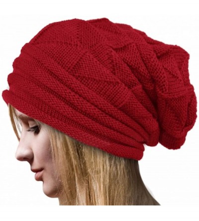 Skullies & Beanies Women's Chunky Hat Soft Stretch Knit Warm Fuzzy Lined Skully Beanie Oversized Cable Cap - Red - CE18KL95CS...