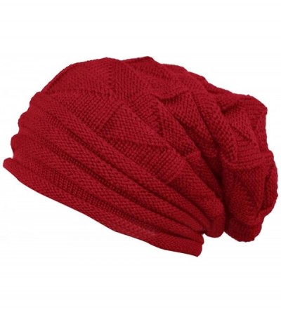Skullies & Beanies Women's Chunky Hat Soft Stretch Knit Warm Fuzzy Lined Skully Beanie Oversized Cable Cap - Red - CE18KL95CS...