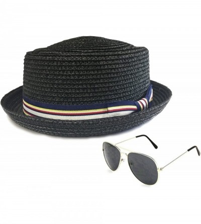 Fedoras Men's Premium Straw Porkpie Fedora Hat with Aviator Sunglasses - Black - C31845LSMOU $21.66