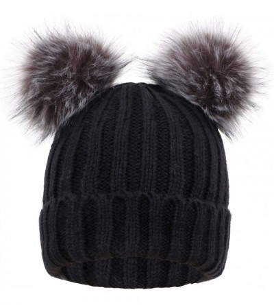 Skullies & Beanies Women's Faux Fur Pompom Mickey Ears Cable Knit Winter Beanie Hat - Black Hat Black Grey Ball Black Lining ...