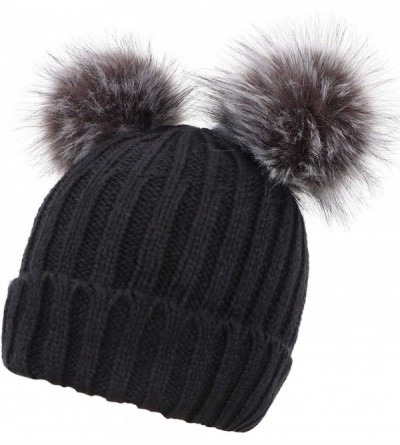 Skullies & Beanies Women's Faux Fur Pompom Mickey Ears Cable Knit Winter Beanie Hat - Black Hat Black Grey Ball Black Lining ...