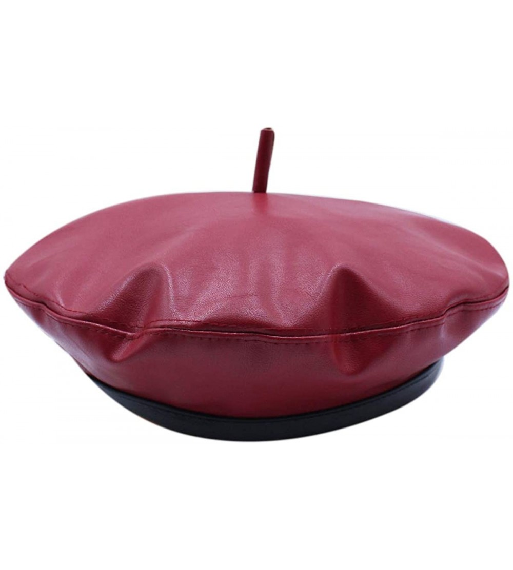 Berets Women PU Leather French Black Beret Hat Causal Beanie Hat - Red - CT18AIZWGQH $14.47
