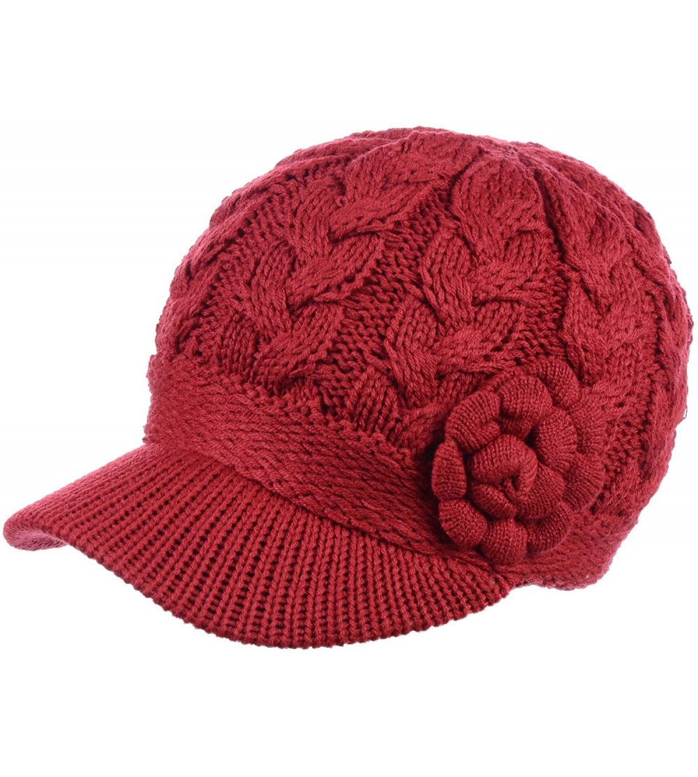 Skullies & Beanies Womens Winter Visor Cap Beanie Hat Wool Blend Lined Crochet Decoration - Red Flower - CS12O0UP4NP $20.61