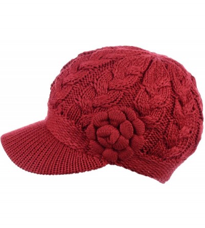 Skullies & Beanies Womens Winter Visor Cap Beanie Hat Wool Blend Lined Crochet Decoration - Red Flower - CS12O0UP4NP $20.61