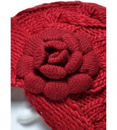 Skullies & Beanies Womens Winter Visor Cap Beanie Hat Wool Blend Lined Crochet Decoration - Red Flower - CS12O0UP4NP $20.61