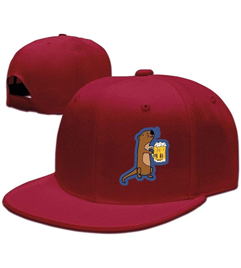 Baseball Caps VSea Otter Drinking Beer Flat Bill Cap Adjustable Baseball Cap Snapback Hat Hip Hop Cap - Red - CA18IHN8W7U $19.04