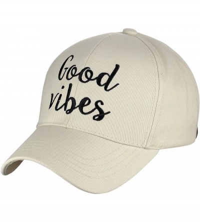 Baseball Caps Women's Embroidered Quote Adjustable Cotton Baseball Cap- Good Vibes- Beige - CT180Q0UXCA $28.87