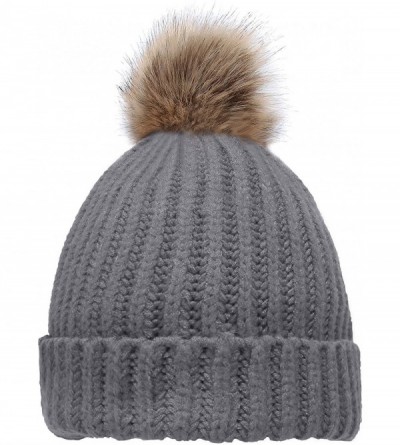 Skullies & Beanies Women's Winter Ribbed Knit Faux Fur Pompoms Chunky Lined Beanie Hats - Sprout Light Grey - CX184RQIHXH $10.43
