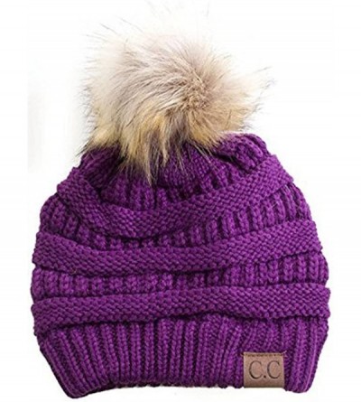 Skullies & Beanies Cable Knit Faux Fur Pom Pom Beanie Hat - Dark Purple - CJ12M1RC153 $14.27