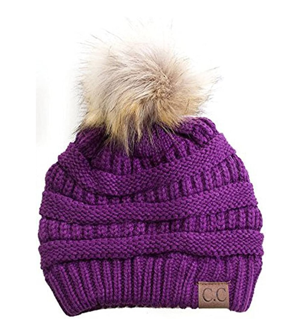 Skullies & Beanies Cable Knit Faux Fur Pom Pom Beanie Hat - Dark Purple - CJ12M1RC153 $14.27