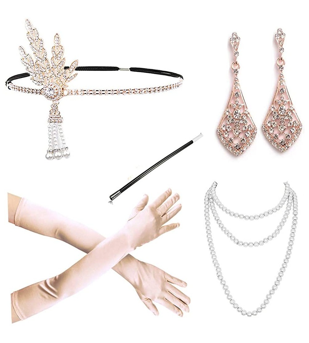 Headbands Art Deco 1920s Flapper Great Gatsby Leaf Wedding Bridal Tiara Pearl Headpiece Headband - Rose Gold Set - CS18AL9DKW...