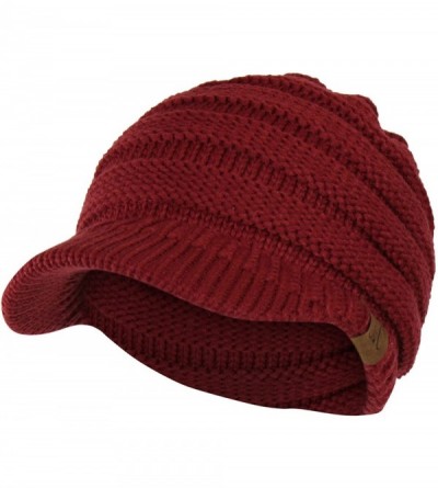Skullies & Beanies Warm Cable Ribbed Knit Beanie Hat w/Visor Brim - Chunky Winter Skully Cap - Burgundy - CL12N1IZED2 $16.42