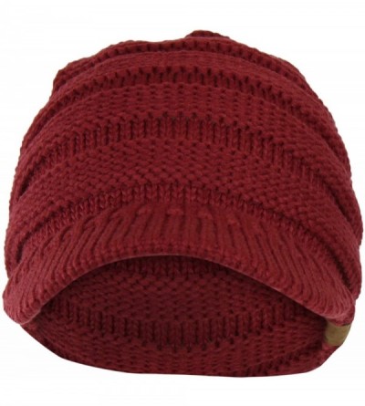 Skullies & Beanies Warm Cable Ribbed Knit Beanie Hat w/Visor Brim - Chunky Winter Skully Cap - Burgundy - CL12N1IZED2 $16.42