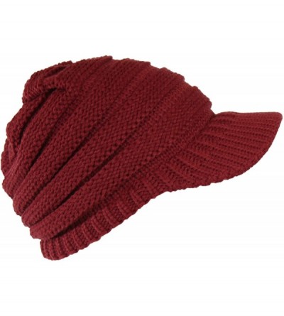 Skullies & Beanies Warm Cable Ribbed Knit Beanie Hat w/Visor Brim - Chunky Winter Skully Cap - Burgundy - CL12N1IZED2 $16.42