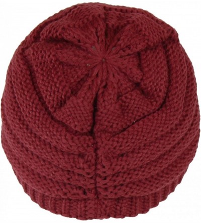 Skullies & Beanies Warm Cable Ribbed Knit Beanie Hat w/Visor Brim - Chunky Winter Skully Cap - Burgundy - CL12N1IZED2 $16.42