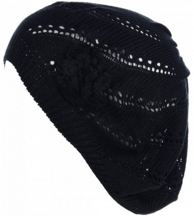 Berets Open Weave Womens Crochet Mesh Beanie Hat Flower Fashion Soft Knit Beret Cap - 2679black - CG194WXZE0H $11.84