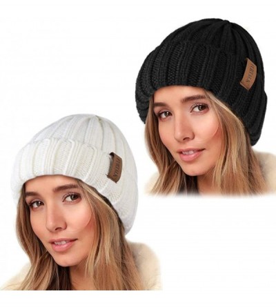Skullies & Beanies Knit Beanie Hats for Women Men Double Layer Fleece Lined Chunky Winter Hat - Z-black/White 2pcs - CI18UUCH...