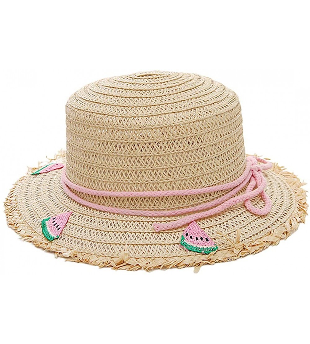 Sun Hats Girls Flower Straw Hat Large Brim Beachwear Sunhat Floral Tea Party Cap - Watermelon - CZ193MO7Y9H $12.41