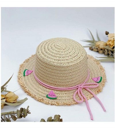 Sun Hats Girls Flower Straw Hat Large Brim Beachwear Sunhat Floral Tea Party Cap - Watermelon - CZ193MO7Y9H $12.41