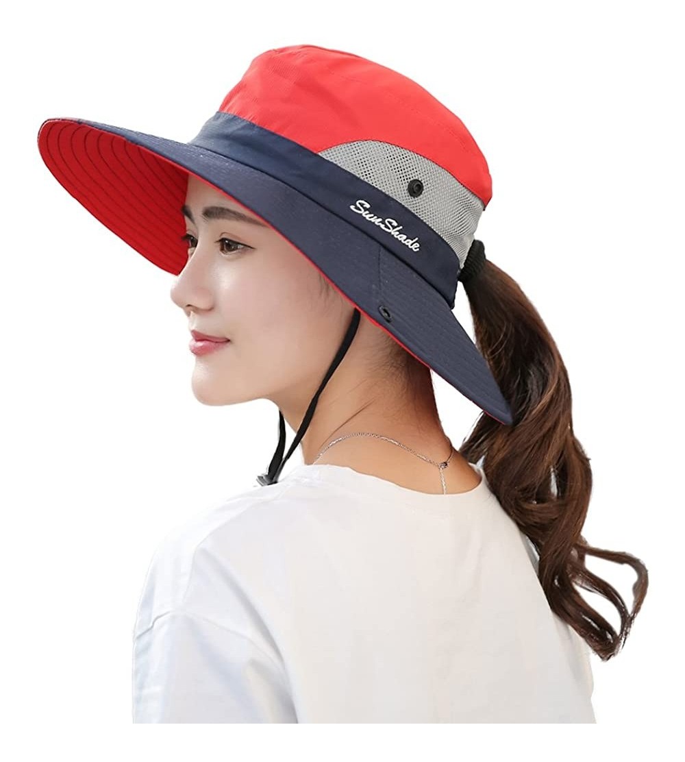 Sun Hats Women's Outdoor UV Protection Foldable Mesh Wide Brim Beach Fishing Hat - Red - CV18E0I4EC9 $11.89