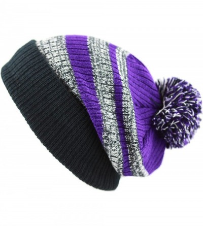 Skullies & Beanies Winter Striped Cuffed Pom Pom Knit Soft Thick Beanie Skully Hat - Black-purple - CJ12N5O9AZ6 $10.51