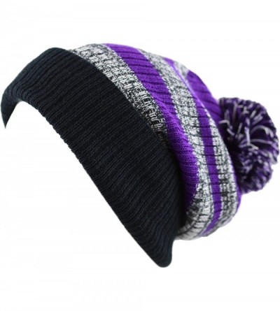 Skullies & Beanies Winter Striped Cuffed Pom Pom Knit Soft Thick Beanie Skully Hat - Black-purple - CJ12N5O9AZ6 $10.51