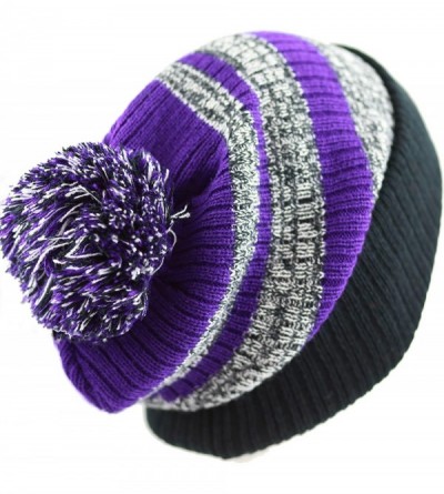 Skullies & Beanies Winter Striped Cuffed Pom Pom Knit Soft Thick Beanie Skully Hat - Black-purple - CJ12N5O9AZ6 $10.51