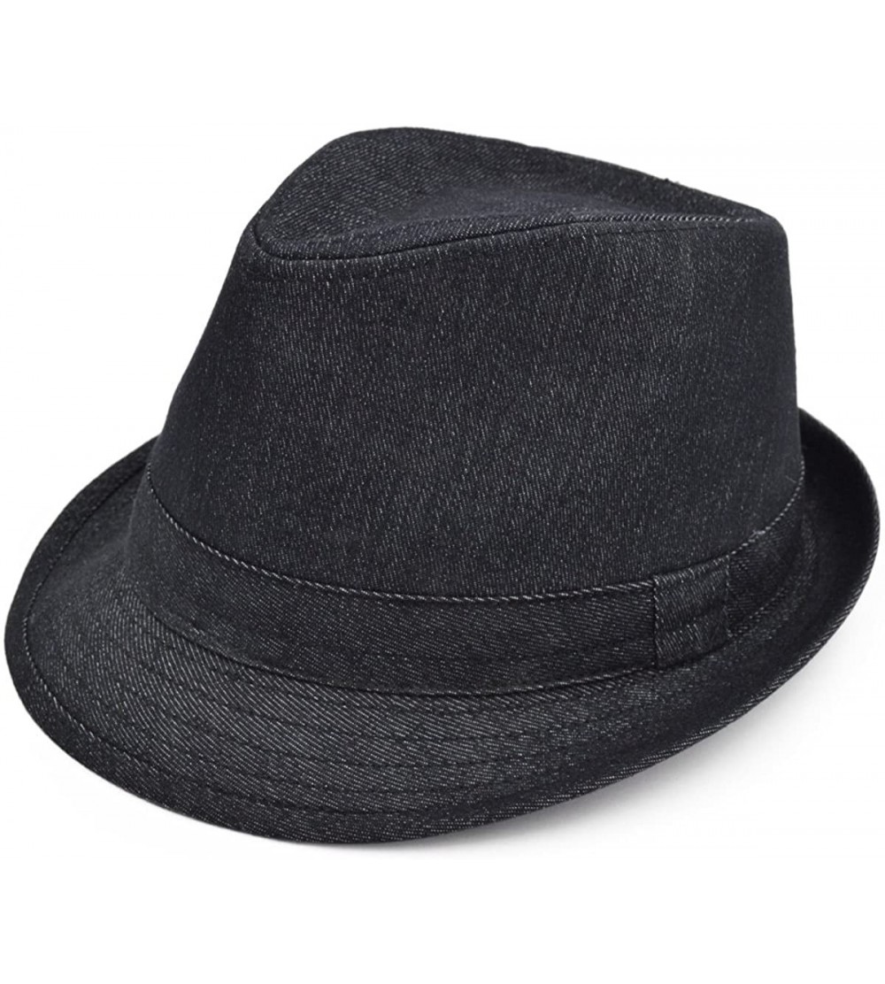 Fedoras Premium Jeans Fabric Solid Color Fedora Hat - Black - CX18GMMZUQ4 $9.93