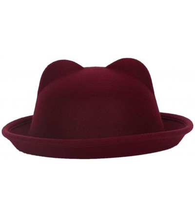 Bucket Hats Ladies Fedora Wool Brim Round Bowler Caps Derby Bow Cloche Hat Cap - Wine Red - CF12K8X5WLR $10.17