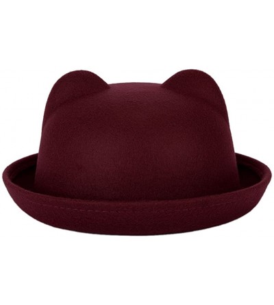 Bucket Hats Ladies Fedora Wool Brim Round Bowler Caps Derby Bow Cloche Hat Cap - Wine Red - CF12K8X5WLR $10.17