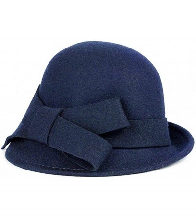 Bucket Hats 100% Wool Vintage Felt Cloche Bucket Bowler Hat Winter Women Church Hats - Big Bow Dark Blue4 - CU18K5RA4XM $26.55