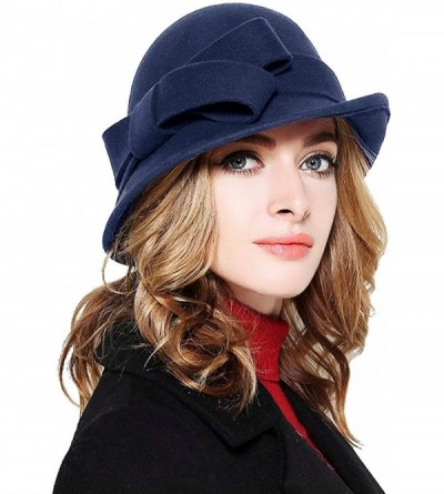 Bucket Hats 100% Wool Vintage Felt Cloche Bucket Bowler Hat Winter Women Church Hats - Big Bow Dark Blue4 - CU18K5RA4XM $26.55