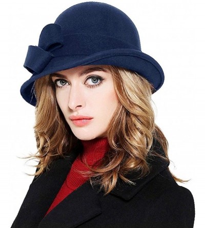 Bucket Hats 100% Wool Vintage Felt Cloche Bucket Bowler Hat Winter Women Church Hats - Big Bow Dark Blue4 - CU18K5RA4XM $26.55