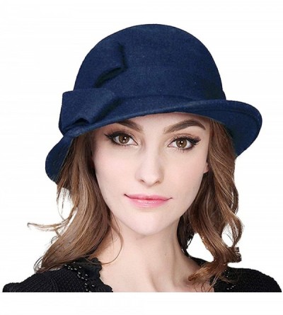 Bucket Hats 100% Wool Vintage Felt Cloche Bucket Bowler Hat Winter Women Church Hats - Big Bow Dark Blue4 - CU18K5RA4XM $26.55