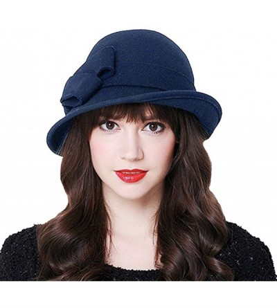 Bucket Hats 100% Wool Vintage Felt Cloche Bucket Bowler Hat Winter Women Church Hats - Big Bow Dark Blue4 - CU18K5RA4XM $26.55