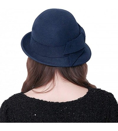 Bucket Hats 100% Wool Vintage Felt Cloche Bucket Bowler Hat Winter Women Church Hats - Big Bow Dark Blue4 - CU18K5RA4XM $26.55